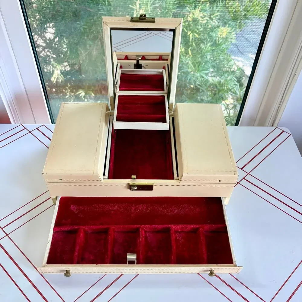 Large Vintage 1960s Cantilever Jewelry Box Red Velvet Mirror Ivory Vanity